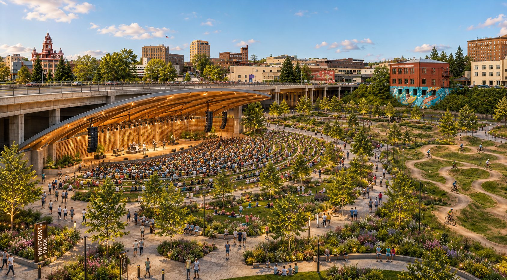Rendering of a covered outdoor amphitheater on Bellingham's waterfront at sunset, with terraced lawn seating full of people and downtown Bellingham in the background.